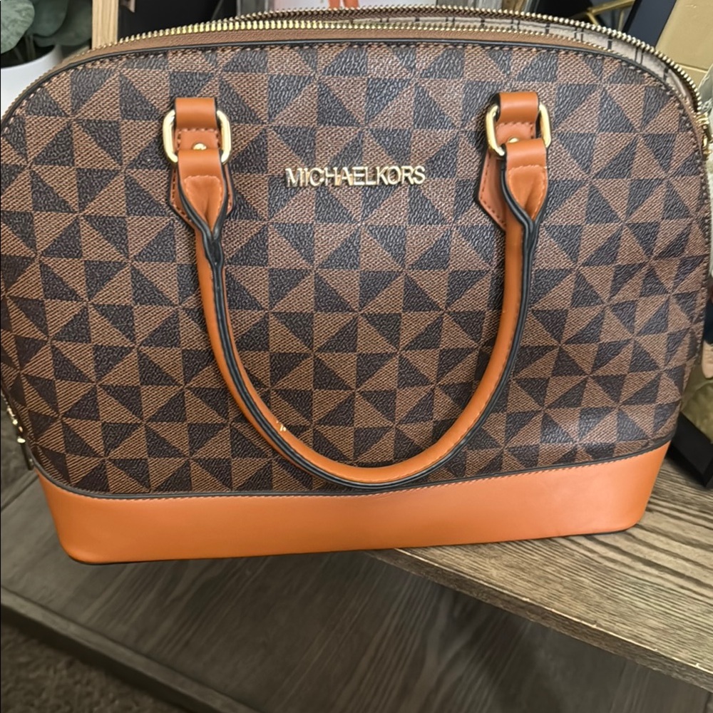 Michael Kors Geometric Brown and Tan Satchel